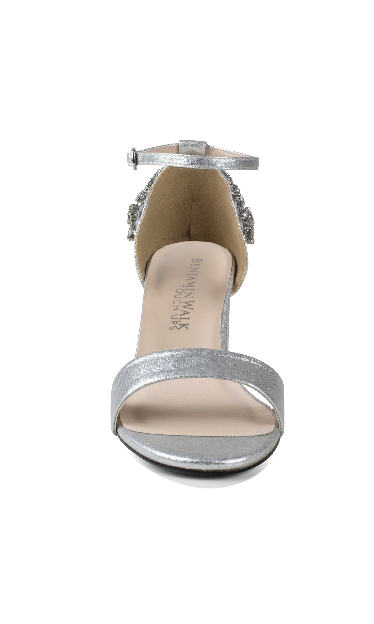 Front view of the Olivia Silver Shimmer Prom Shoes by Touch Ups 4636—open-toe sandals with an ankle strap, low block heel, and jeweled back detail—perfect silver shoes for prom.
